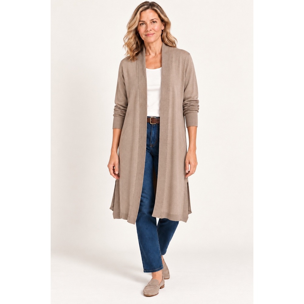 Splendid Women Eco Longline Duster Cardigan M Taupe Brown Open Front Pockets